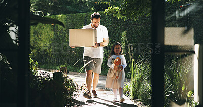 Buy stock photo Box, moving in or walking with dad and daughter at new home for property or real estate investment. Development, growth or relocation with single parent man and girl child in apartment for mortgage