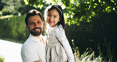 Buy stock photo Smile, outdoor and portrait of father with child in garden with bonding, fun or connection. Happy, hug and dad with girl kid for embracing with love, care and security together in backyard at house.