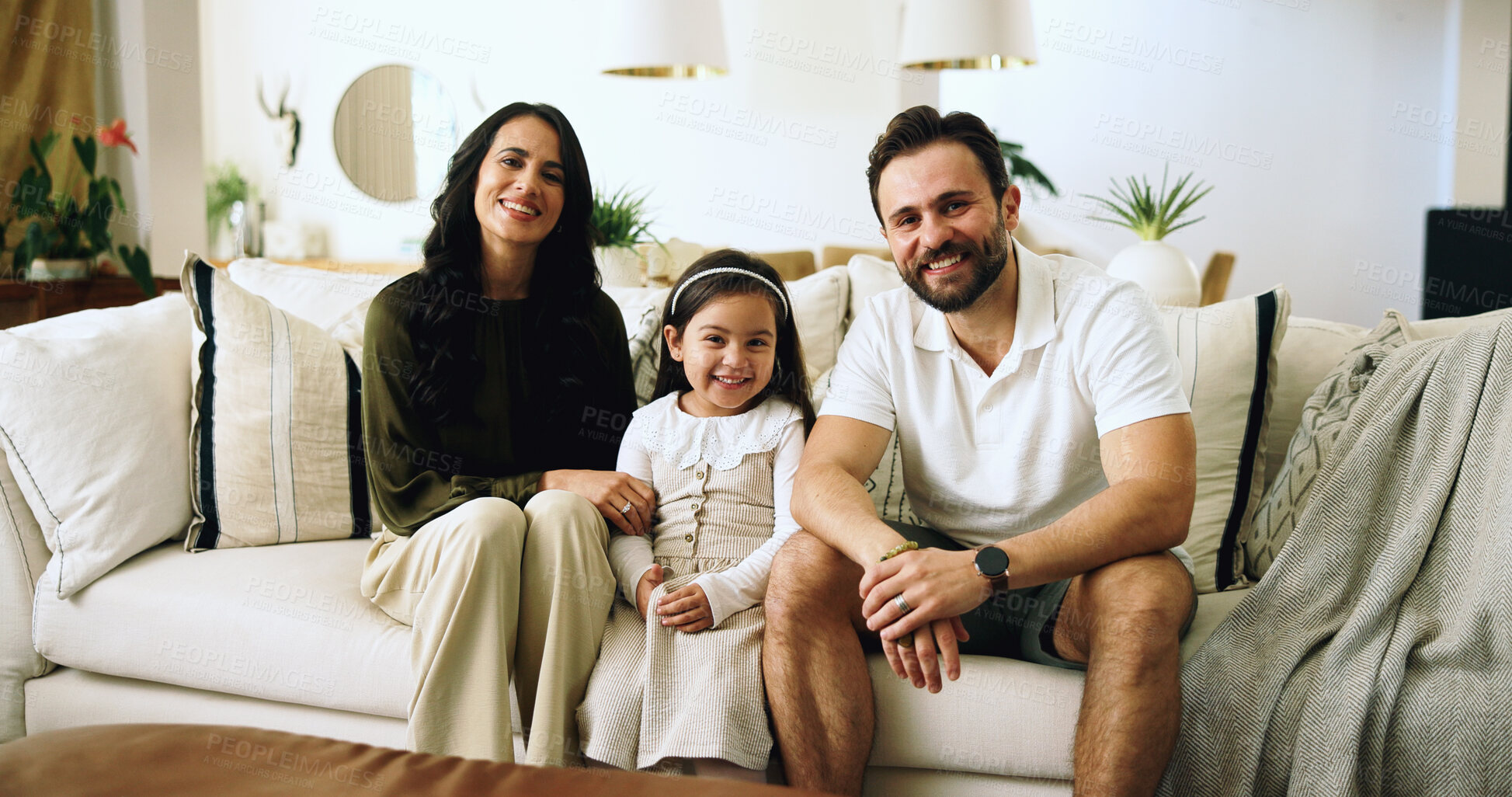 Buy stock photo Portrait, happy family and living room with parents, child and sofa with love, bonding and relax in home. Mom, dad and girl on couch in apartment with smile, man and woman with daughter together