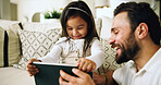Home, father and girl with tablet, smile and bonding together with happiness, internet and digital app for game. Parental guidance, dad or daughter in lounge, tech or online safety with entertainment
