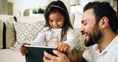 Buy stock photo Home, father and girl with tablet, smile and bonding together with happiness, internet and digital app for game. Parental guidance, dad or daughter in lounge, tech or online safety with entertainment