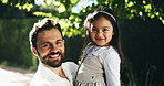 Happy, outdoor and portrait of father with child in garden with bonding, fun or connection. Smile, hug and dad with girl kid for embracing with love, care and security together in backyard at house.