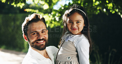 Buy stock photo Happy, outdoor and portrait of father with child in garden with bonding, fun or connection. Smile, hug and dad with girl kid for embracing with love, care and security together in backyard at house.