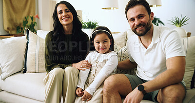 Buy stock photo Portrait, happy family and parents with girl, living room and sofa with love, bonding and relax in home. Mom, dad and child on couch with smile, man and woman with daughter for weekend break or trust