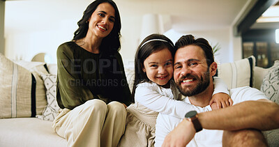 Buy stock photo Portrait, happy family and parents with girl, hug and living room sofa with love and relax in home. Mom, dad and child on couch with support, man and woman with daughter for weekend break or trust