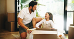 Box, moving in or unpacking with dad and daughter in new home for property or real estate investment. Growth, happy or relocation with single parent man and girl child in apartment for mortgage