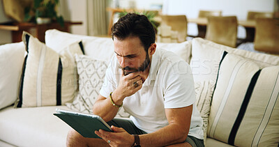 Buy stock photo Home, thinking and man on sofa, tablet and internet with online reading, mistake and email. Decision, technology and person on couch, error 404 and glitch with connection, serious and problem solving