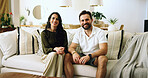 Couple, happy and portrait on sofa in home with relax, support and relationship security. Love, people and smile in living room with weekend break, marriage commitment and bonding together with care