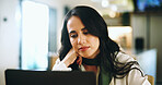 Reading, article and woman with laptop, home and writer with draft on website, remote work and online. Confident, journalist and editing of project with tech, review and planning for newsletter