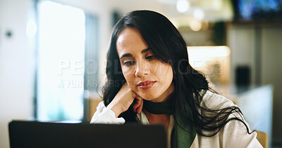 Buy stock photo Reading, article and woman with laptop, home and writer with draft on website, remote work and online. Thinking, journalist and editing of project with tech, review and planning for newsletter