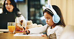Drawing, remote work or mom with kid, homework or single parent for education or homeschool lesson. Headphones, mother and daughter colouring on paper for learning activity, student and sketching
