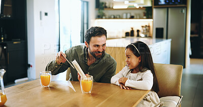 Buy stock photo Card, education and dad with daughter at home for learning, homework and teaching. Help, support and phonics lesson with man and child in family house for homeschool student and reading development