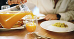 Pouring, juice and person with breakfast, home and beverage with benefits of vitamin c, hands or food. Morning, nutrition or liquid with fiber to improve digestion, natural sugar or wellness of drink