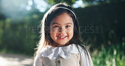 Buy stock photo Happy, cute and portrait of child outdoor in backyard with excitement for playing at home in garden. Smile, space and face of girl kid from London with relax and positive attitude for growth by house