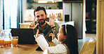 Tablet, teaching and dad with daughter at home for elearning, homework and math education. Helping, support and online class with man and child in family house for student app and remote school