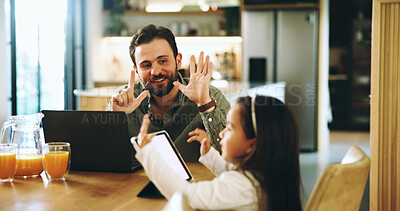 Buy stock photo Tablet, counting and dad with daughter at home for elearning, homework and math education. Helping, numeracy and online class with man and child in family house for student app and remote school