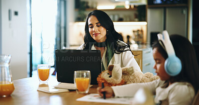 Buy stock photo Laptop, remote work or mom with kid, homework or single parent for online project or homeschool lesson. Headphones, mother and daughter drawing on paper for learning activity, student or sketching