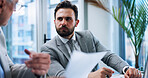 Business men, paper and team discussion in office, planning or brainstorming insurance strategy. Document, meeting and conversation with boss for report, risk management and explain idea in training