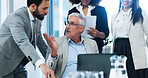 Discussion, boss and feedback for group, laptop and document with info for pitch, colleagues and online. Corporate, ceo and employees with ideas for proposal, talking and collaboration in business