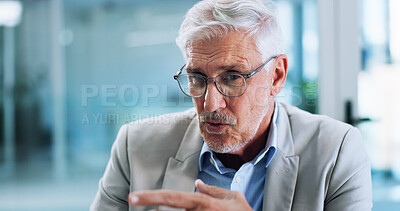 Buy stock photo Business, video call and man in office, explain and online meeting with presentation for b2b deal. Mature person, employee or professional in workplace, talking and virtual seminar for trading system