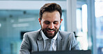 Happy, accountant or businessman on laptop for budget savings, risk assessment or research. Financial management, review or investment banker with technology for accounting, taxes or profit growth