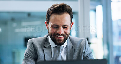 Buy stock photo Happy, accountant or businessman on laptop for budget savings, risk assessment or research. Financial management, review or investment banker with technology for accounting, taxes or profit growth