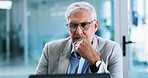 Business, laptop and thinking with mature man in office for corporate administration or problem solving. Ideas, planning and solution with professional employee working on computer for management
