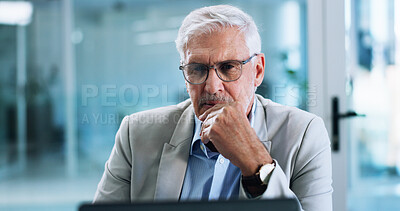 Buy stock photo Business, laptop and thinking with mature man in office for corporate administration or problem solving. Ideas, planning and solution with professional employee working on computer for management