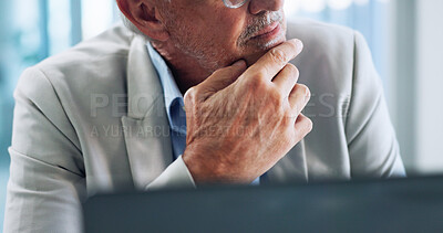 Buy stock photo Hands, thinking and mature man with laptop investor and ideas for investment opportunity and serious. Corporate, entrepreneur and person with financial strategy in business, reflection and planning