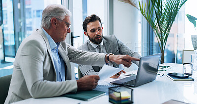 Buy stock photo Business men, laptop and team planning in office for discussion and insurance training with paper. Computer, meeting and conversation with boss for report, risk management and explain idea for policy