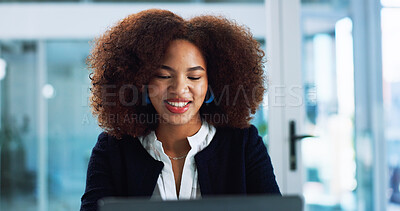 Buy stock photo Business, video call and woman with laptop, explain and online meeting with presentation for b2b deal. Person, employee or professional in office, smile and virtual seminar for profit growth or app