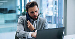 Business, man and phone call with laptop in office for finance planning, investment management or feedback. Financial advisor, contact or consulting client for portfolio update or performance monitor