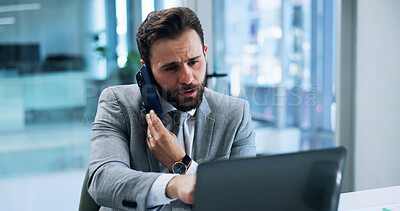 Buy stock photo Business, man and phone call with laptop in office for finance planning, investment management or feedback. Financial advisor, contact or consulting client for portfolio update or performance monitor