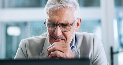 Buy stock photo Laptop, smile and solution with business man in office for corporate administration or problem solving. Ideas, planning and thinking with mature professional working on computer for management