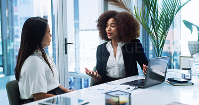 Buy stock photo Business women, talking and team in office for planning, brainstorming project and financial proposal. Laptop, meeting and conversation with manager for investment, risk management and explain idea