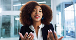 Business, video call and woman in office, conversation and online meeting with presentation for onboarding. Person, employee or professional with webinar, talking and virtual seminar for investment