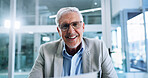 Business, video call and man in office, speaking and online meeting with presentation for profit growth. Mature person, employee or professional in workplace, smile and virtual seminar for investment