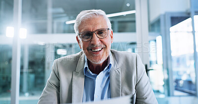 Buy stock photo Business, video call and man in office, speaking and online meeting with presentation for profit growth. Mature person, employee or professional in workplace, smile and virtual seminar for investment