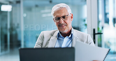 Buy stock photo Portfolio, accountant or mature businessman with laptop for budget savings, finance or research. Financial report, review or investment banker with documents for accounting, taxes or profit growth 