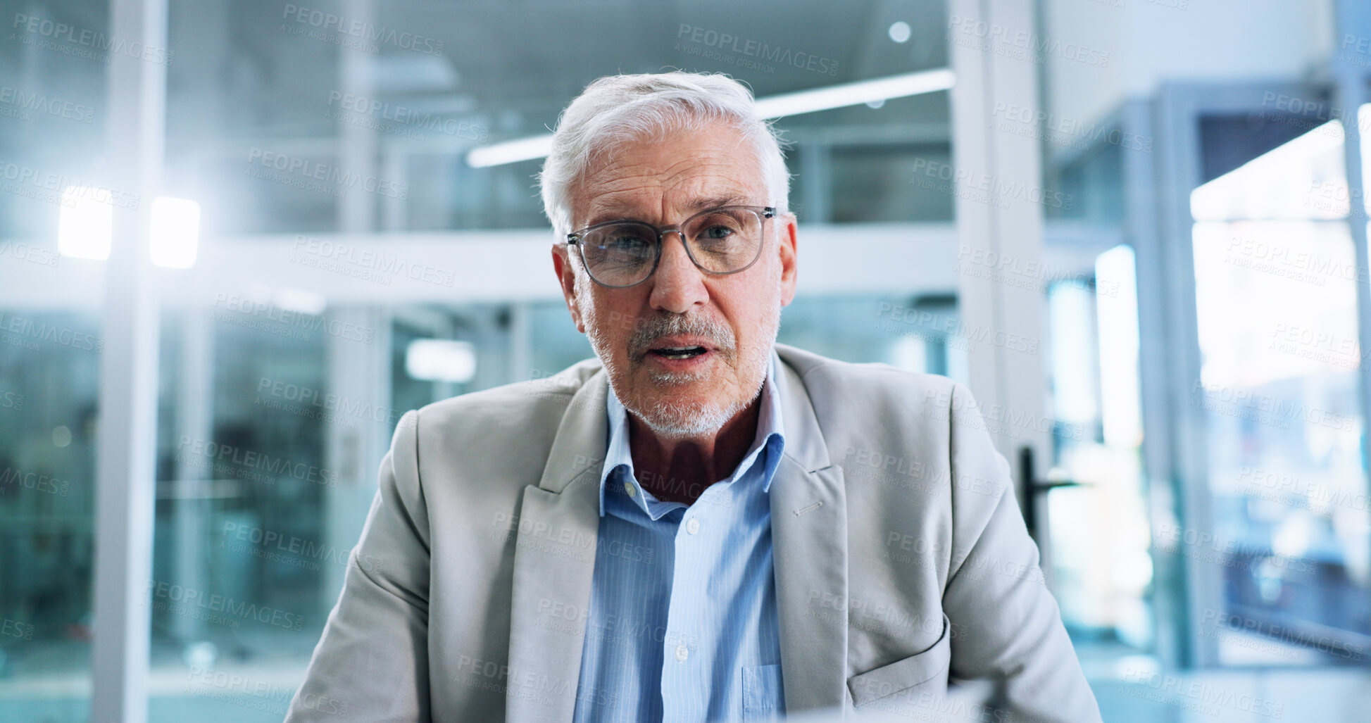 Buy stock photo Business, video call and man in office, talking and online meeting with presentation for investment. Mature person, employee or professional in workplace, explain and virtual workshop for negotiation