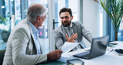 Buy stock photo Business men, strategy and team discussion in office, planning or brainstorming insurance stats with paper. Laptop, meeting and conversation with boss for report, risk management and explain idea