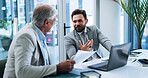 Business men, strategy and team discussion in office, planning or brainstorming insurance stats with paper. Laptop, meeting and conversation with boss for report, risk management and explain idea