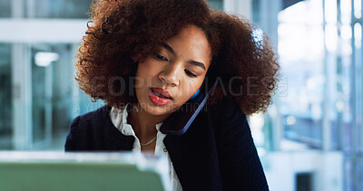 Buy stock photo Business, woman and phone call with tablet in office for insurance planning, investment management and advice. Financial advisor, african person and discussion for portfolio update and account review