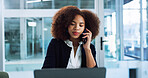 Business, woman and phone call with laptop in office for finance planning, account management and feedback. Financial advisor, african person and consulting client for portfolio update and assistance