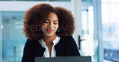 Buy stock photo African, accountant or businesswoman on laptop with smile for review, solution or research. Financial management, budget or investment banker with technology for accounting, taxes or profit growth