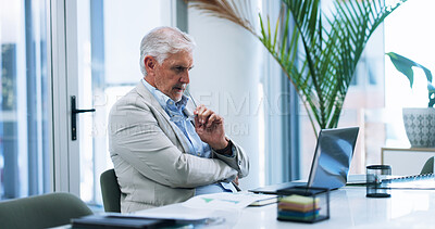 Buy stock photo Business, laptop and solution with mature man in office for corporate administration or problem solving. Ideas, planning and thinking with professional employee working on computer for management
