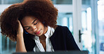 Tired, laptop and businesswoman in office with fatigue, burnout or exhaustion with finance report deadline. Computer, frustrated and female financial advisor with stress for client investment.