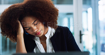 Buy stock photo Tired, laptop and businesswoman in office with fatigue, burnout or exhaustion with finance report deadline. Computer, frustrated and female financial advisor with stress for client investment.