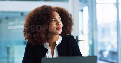 Buy stock photo African, accountant or businesswoman on laptop with ideas for review, audit or research. Financial management, budget or investment banker thinking of solution for accounting, taxes or profit growth