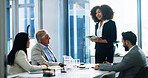 Business people, presentation and woman in meeting, tablet and financial advisor with system update. Feedback, speaker and employees in boardroom, tech and internet with tax proposal or budget report